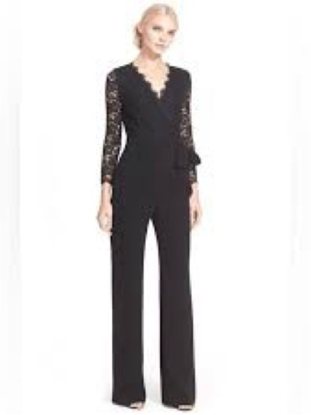 Diane Von Furstenberg Black Lace Wrap Jumpsuit with Long Sleeves